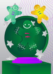 Mockup product display with Gingerbread Man Christmas Cookie. Vector cylinder pedestal podium. Stage showcase for presentation. Minimal geometric forms.