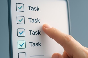 Close-up of a finger tapping a digital task list on a smartphone, symbolizing productivity, organization, and the impact of technology on daily tasks.