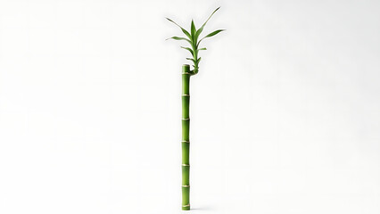 A single stalk of green lucky bamboo with a fresh sprout of leaves isolated on a clean white background