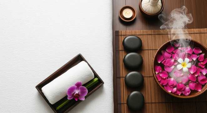 A serene spa setting with a white towel, a bowl of hot stones, and a bowl of flowers on a bamboo mat.