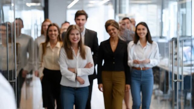 Office Harmony: Capturing the essence of teamwork as a group of office workers stride confidently down a corporate hallway, ready to take on the day and make impact.