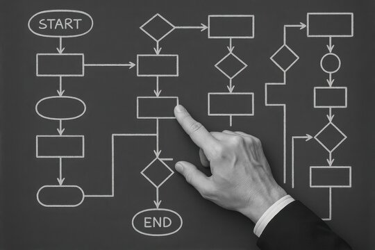 Business professional analyzing complex flowchart on blackboard, exploring decision-making processes and strategic planning. Concept of organization, logic, and problem-solving.
