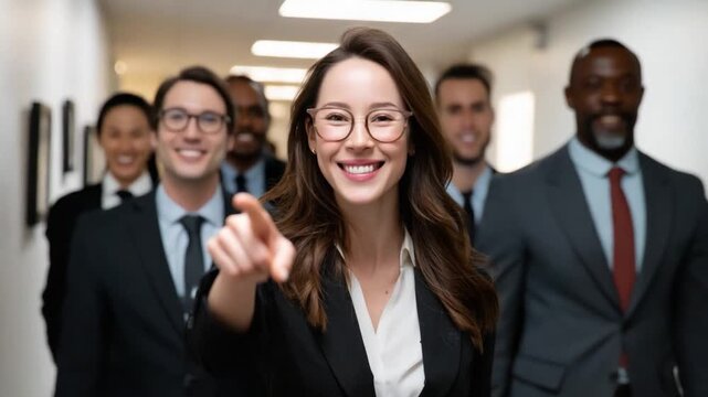 Leading the Charge: A confident female executive takes charge, leading a team of diverse professionals in a corridor setting, embodying leadership and teamwork.