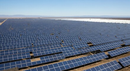 A vast array of solar panels in a desert landscape, with a clear blue sky in the background.