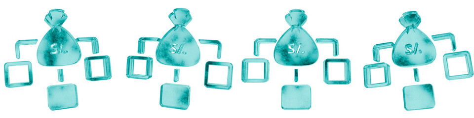 Set of four 3D peruvian sol income distribution shapes in frosted blue ice glass style, isolated on a transparent background. Glassmorphism icons and 3D elements for modern graphic design.