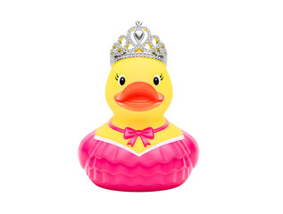 Fototapeta premium Cute yellow rubber duck wearing a pink princess dress and tiara isolated on transparent background