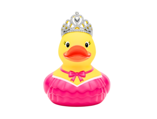 Cute yellow rubber duck wearing a pink princess dress and tiara isolated on transparent background