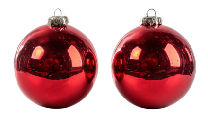 Two glossy red christmas baubles reflecting light, isolated on a transparent background, ready for festive holiday design