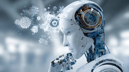 Conceptualizing Artificial Intelligence: A detailed view of a sophisticated humanoid robot. - Powered by Adobe