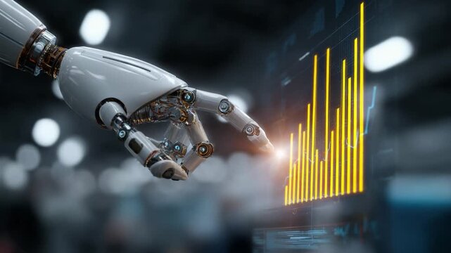Digital Intelligence: A robot hand interacting with a holographic chart, symbolizing the power of technological innovation. It's a visual embodiment of artificial intelligence and data analysis. - Powered by Adobe
