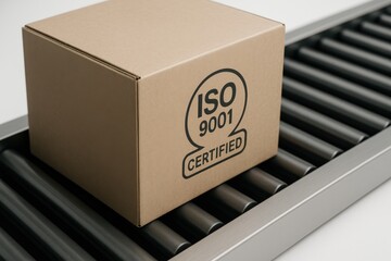 Brown cardboard box with ISO 9001 certified label on a conveyor belt, symbolizing quality assurance and efficient logistics in supply chain management.