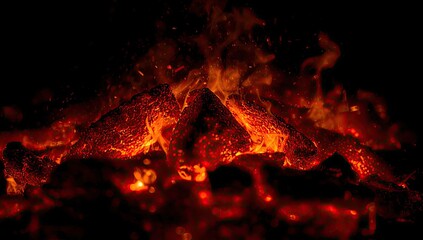 Burning embers glow brightly in the dark, creating a fiery and intense visual display with orange and red hues, representing heat and warmth emanating from smoldering wooden fragments.