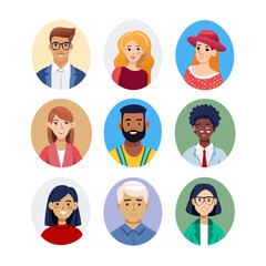 Vector people faces avatars and users collection - Set of illustrations with profile pictures of diverse people in various clothes and styles. Flat design in oval frame on white background
