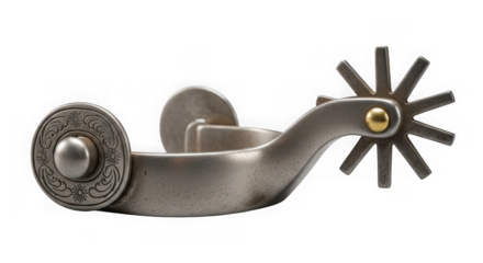 Detailed silver cowboy boot spur with decorative engraved elements