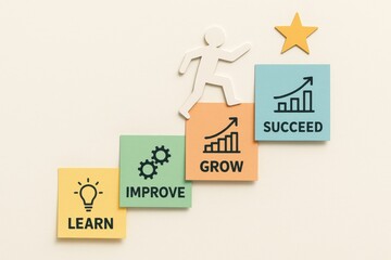 Conceptual illustration of personal development steps: Learning, Improving, Growing, and Succeeding with visual growth indicators. Emphasis on progress and motivation in self-improvement.