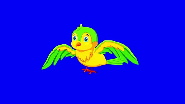 Vibrant Cartoon Yellow and Green Bird Character Flying Isolated on Solid Blue Chroma Key Background