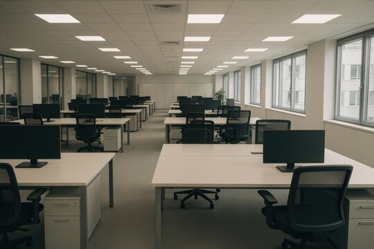 Modern empty office space featuring ergonomic desks and chairs, emphasizing themes of productivity, adaptability, and the future of work environments.