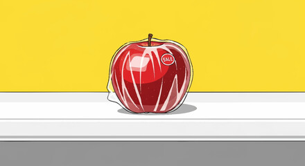 Plastic wrapped apple, packaged apple illustration with plastic wrapped fruit and sealed produce concept, suitable for poster design, article header, and eco-themed product mockup.