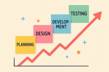 Infographic of project management phases: Planning, Design, Development, and Testing, illustrating process flow and growth in performance metrics. Concept of effective project execution.