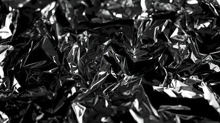 Abstract  depicts crumpled, glossy material with strong reflections, creating a dark, textured surface with a dynamic interplay of light and shadow, showcasing the folds and sheen.