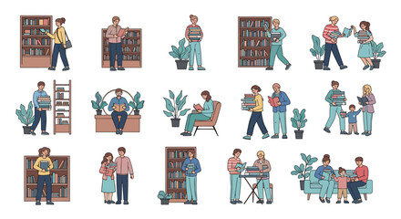 Collection of people in a library or bookstore, including individuals, couples, and families reading, choosing, and carrying books.