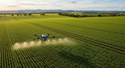 Obraz premium A drone flying over a green field with a tractor in the background.