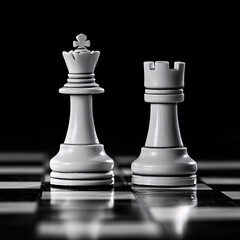 A chess board with a black king and a white queen on a checkered surface, with other pieces scattered around.