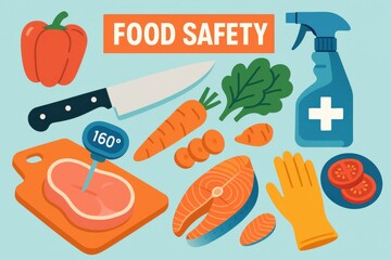 Colorful food safety illustration featuring cooking tools, fresh ingredients, and hygiene items. Concept of healthy cooking, food preparation, and kitchen safety practices.