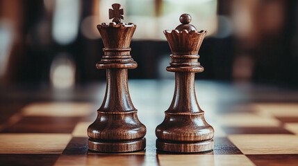 A chess board with a black king and a white queen on a checkered surface, with other pieces scattered around.