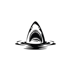 Black and white illustration of a shark emerging with ferocious jagged teeth vector hand drawn image