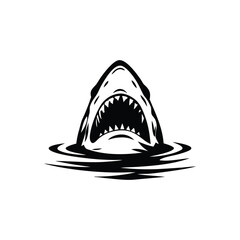 Black and white illustration of a shark emerging with ferocious jagged teeth vector hand drawn image