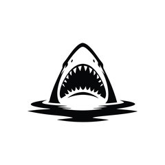 Black and white illustration of a shark emerging with ferocious jagged teeth vector hand drawn image
