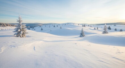 Snow-covered landscape with pine trees and a clear blue sky.