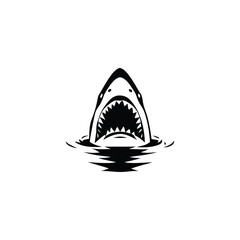 Black and white illustration of a shark emerging with ferocious jagged teeth vector hand drawn image