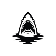 Black and white illustration of a shark emerging with ferocious jagged teeth vector hand drawn image
