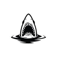 Black and white illustration of a shark emerging with ferocious jagged teeth vector hand drawn image