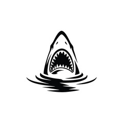 Black and white illustration of a shark emerging with ferocious jagged teeth vector hand drawn image