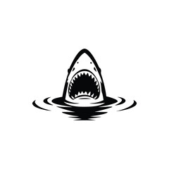 Black and white illustration of a shark emerging with ferocious jagged teeth vector hand drawn image