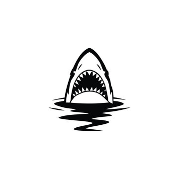 Black and white illustration of a shark emerging with ferocious jagged teeth vector hand drawn image