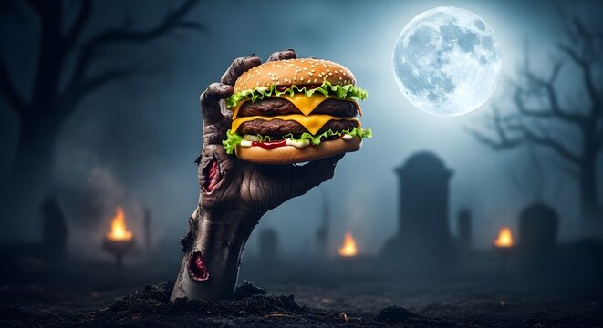 A zombie hand emerges from a spooky graveyard, holding a double cheeseburger under a full moon, creating a chilling Halloween food scene.
