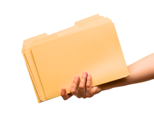 Hand holding a stack of manila folders isolated on transparent background