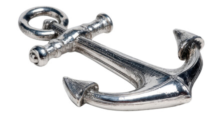 Shiny silver anchor displaying nautical theme and concepts of hope, strength, and security with a transparent background