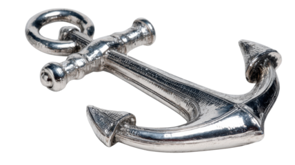 Shiny silver anchor displaying nautical theme and concepts of hope, strength, and security with a transparent background