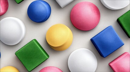 An overhead shot of various colorful geometric shapes, including circles and squares, arranged randomly on a light-colored background.