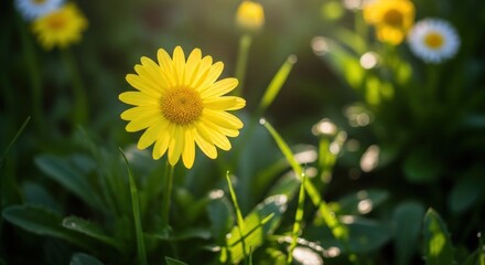 A vibrant yellow daisy in a lush green field with sunlight filtering through the leaves.