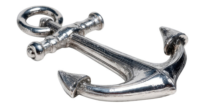 Shiny silver anchor displaying nautical theme and concepts of hope, strength, and security with a transparent background