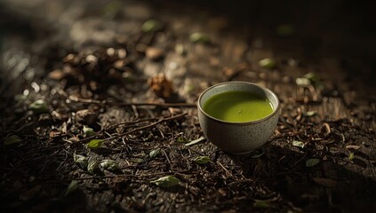 A ceramic cup containing a vibrant green beverage rests on a rustic wooden surface scattered with dried leaves, small twigs, and organic elements.