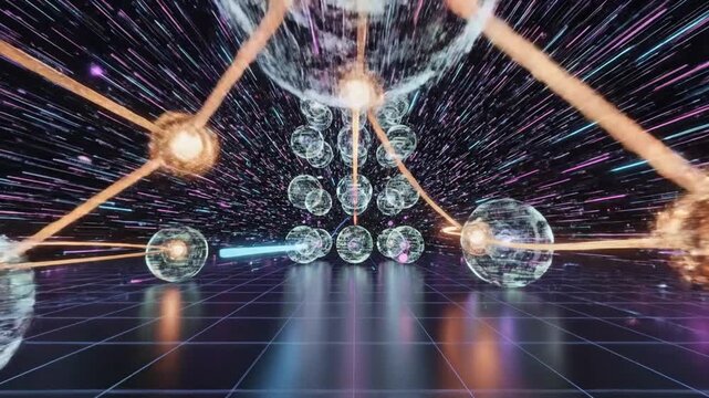 Abstract digital spheres with binary code and connected lines creating a technological futuristic concept