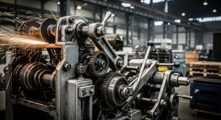 Fototapeta premium A machine in a factory with sparks flying from a wheel.
