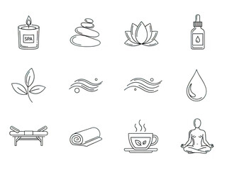 Collection of thin line icon set representing spa, wellness, relaxation, meditation, aromatherapy, and selfcare concept isolated on transparent background